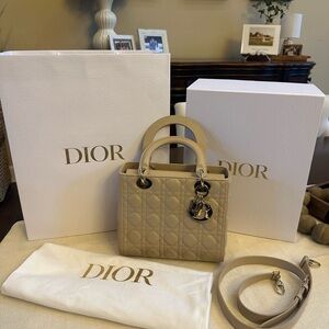 Christian Dior Medium Lady Dior Beige Lambskin Gold Hrdwre w Strap Box Receipt